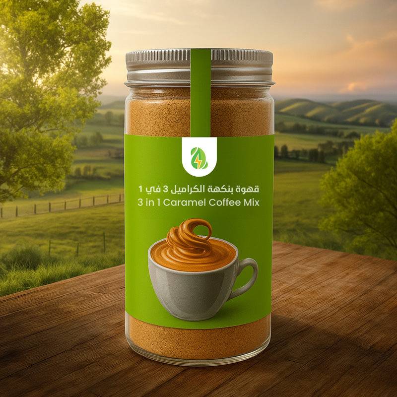 Power Glow Keto Coffee Mix - Keto Collagen Mix in caramel flavor, 220g jar on wooden table with scenic countryside background. Ideal for energy, focus, and skin health.